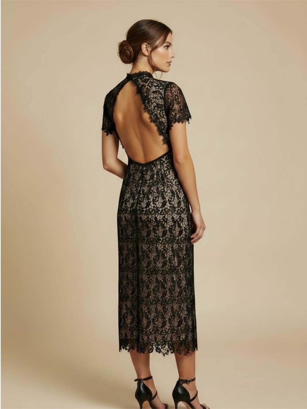 NSR Black Lace Open Back Nude Midi Dress Wedding Guest Cap Sleeve Cocktail Sexy